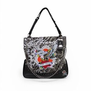 Ed Hardy Black Shoulder Bag with Multicolor Heart & Eagle Graphic NWT